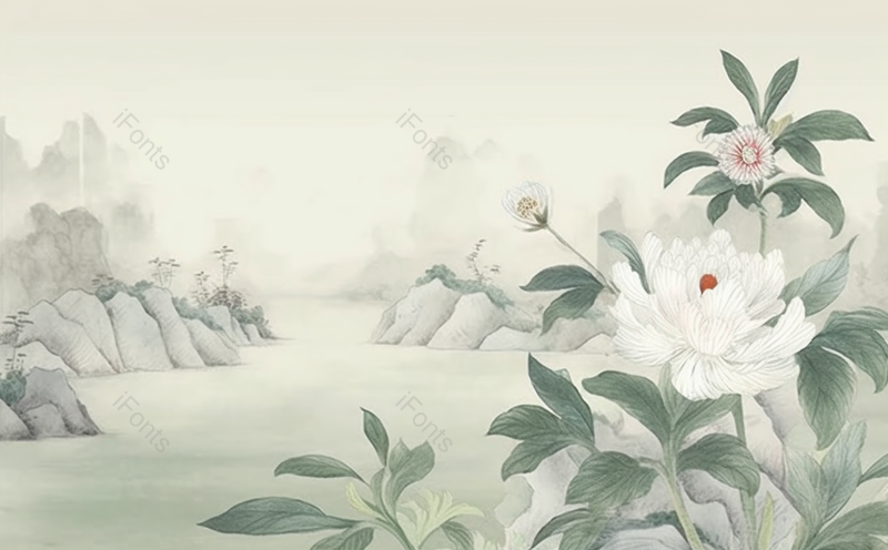 山脉立夏平静湖面云雾策绕牡丹盛开国风水墨画,插画/手绘图,插画/手绘图库,插画/手绘图下载,插画/手绘